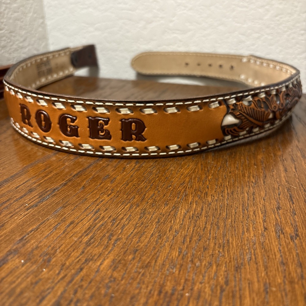 Vintage Hand Tooled Leather Belt Name "Roger" Brown Men 36 Circle G No Buckle